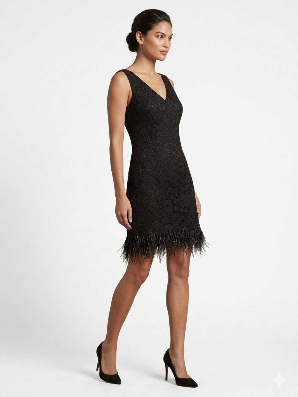 Nicole Miller New York Black Lace Feather Fringe Sleeveless Dress Size 10